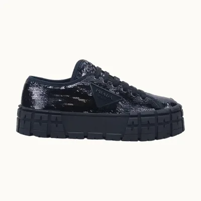 Prada Double Wheel Sequins Shoes Black, Size 38.5