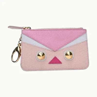 Fendi Leather Faces Motif Pouch Pink